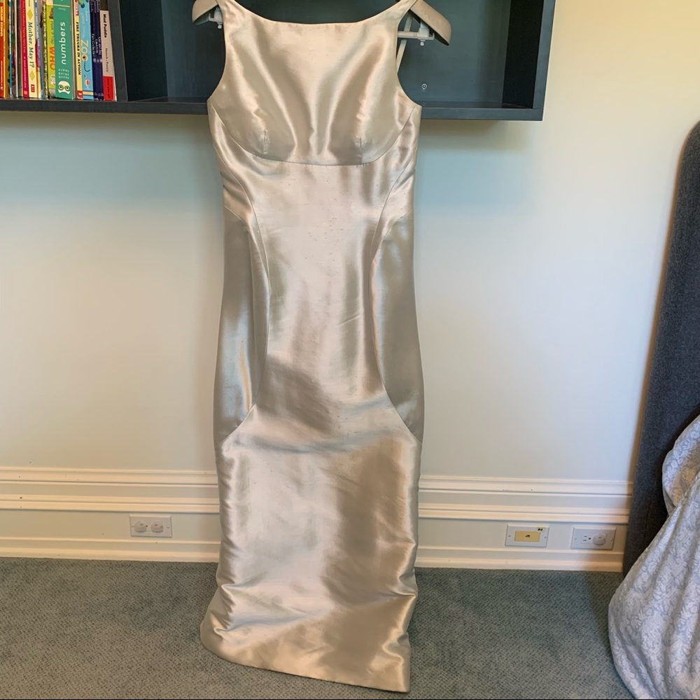 Velasco Andersson Silver Evening Gown with Scoop Neck and Low Back